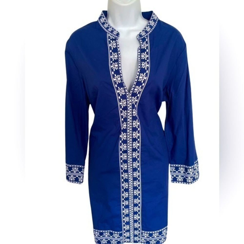 Sheilay Tunic Dress - XL blue white trim , cotton , NWT